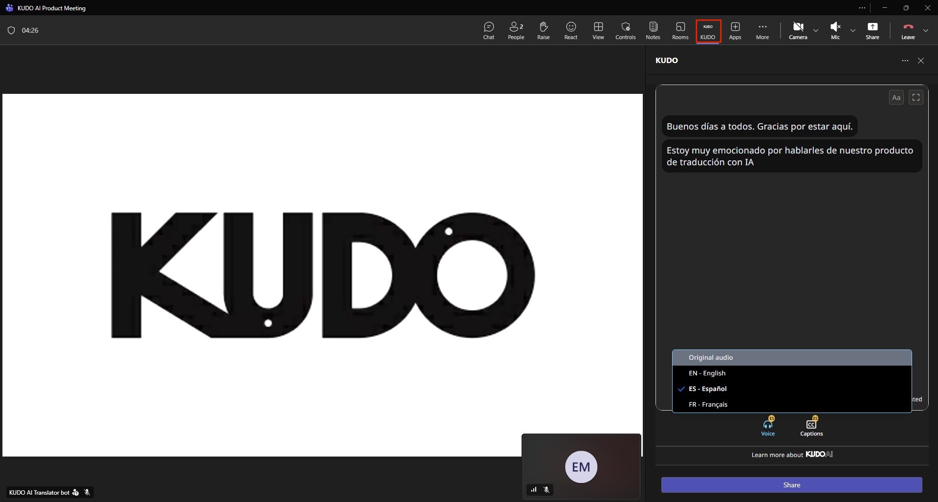 Teams meeting with KUDO open, Spanish captions displayed, and the Voice language menu expanded